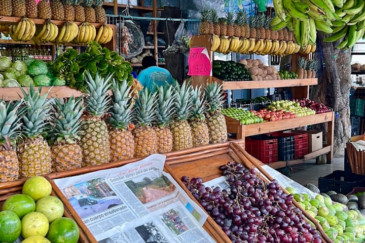 a variety of fruits and vegetables on display at a fruit stand